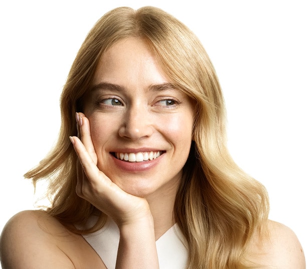 Smiling woman with long blonde hair